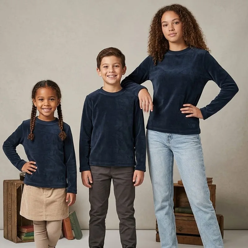 Kids Shirt Dark Navy Blue Boy and Girls Casual School Shirt Long Sleeves Top Round Neck Children Clothes Logo Embroidery