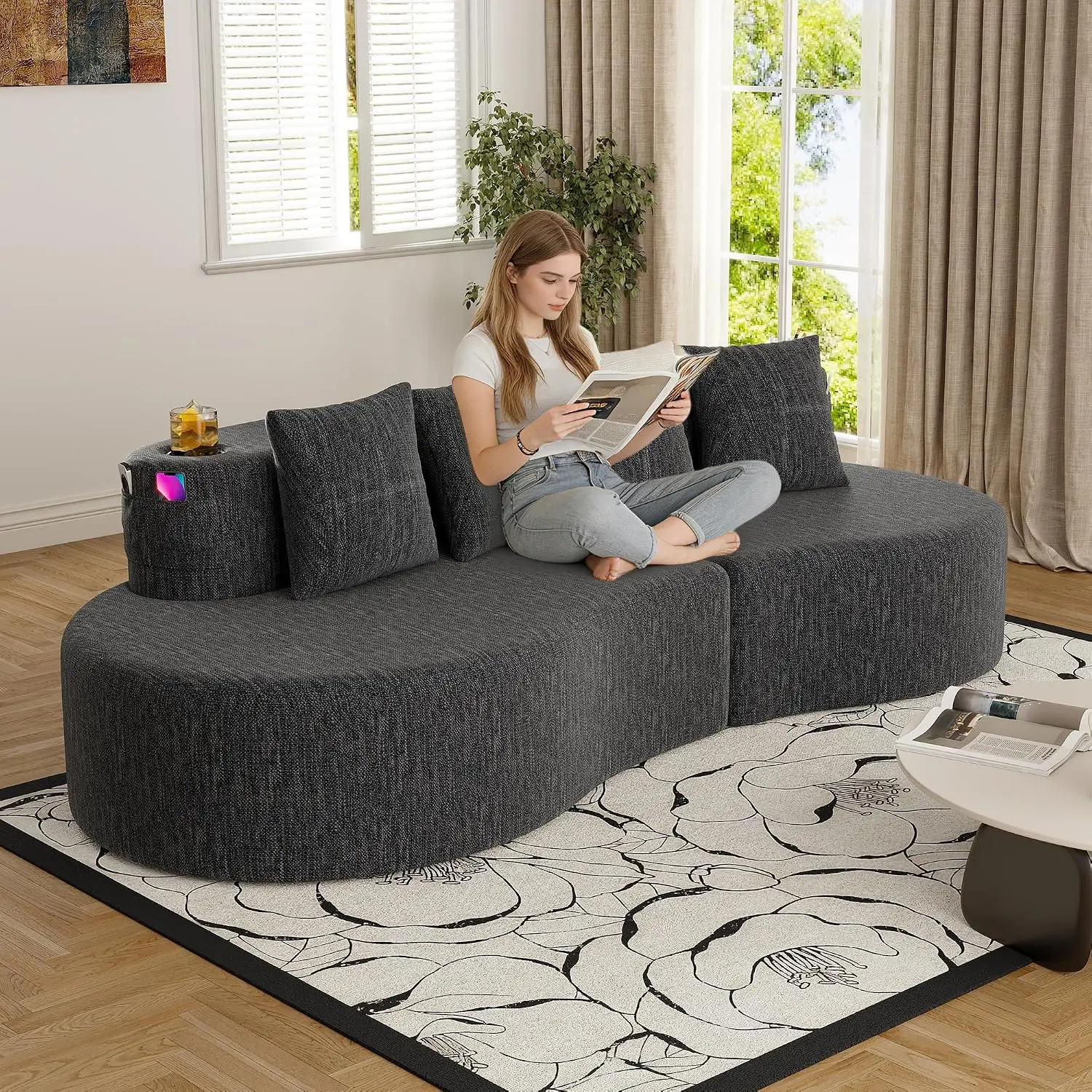 Office Furniture Custom - カーブ型セクショナルソファ 3人掛け ハーフムーン型 シェニール 高反発スポンジ モジュラータイプ