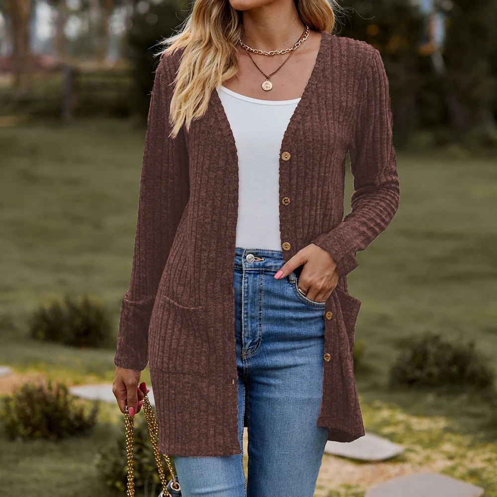 Autumn Winter Women Ribbed Button Cardigan Solid Casual Knitted Coat V Neck Tops Outwear Long Sleeve Elastic Basic Slim Sweater