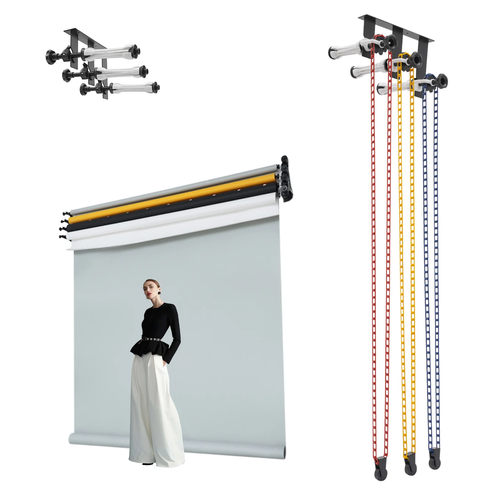 

3-Roller Manual Background Support Device Wall Mount Backdrop Elevation Device Manual Photography Background Lifter