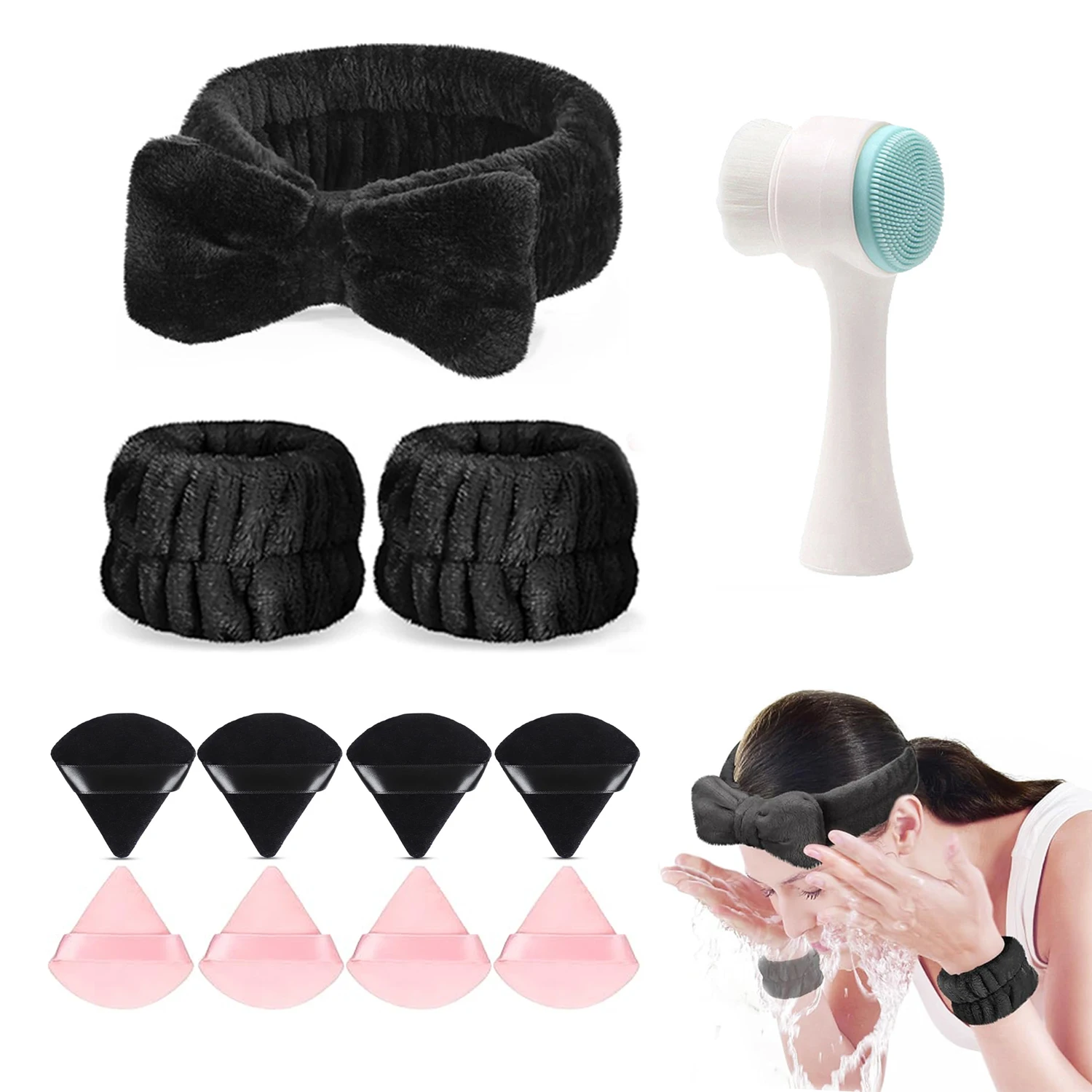 12Pcs/16Pcs Set Washing Tool Set Coral Fleece Headbands Wrists Triangle Puffs Silicone Facial Mask Brushes For Women