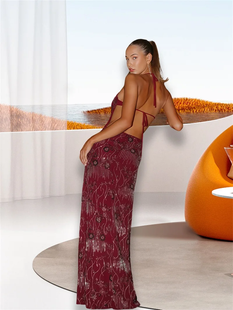 Crystals Dark Red Prom Dress Sexy Halter Sleeveless Lace Up Back Beach Holiday Party Gown Formal Wedding Birthday Evening Robe view 2