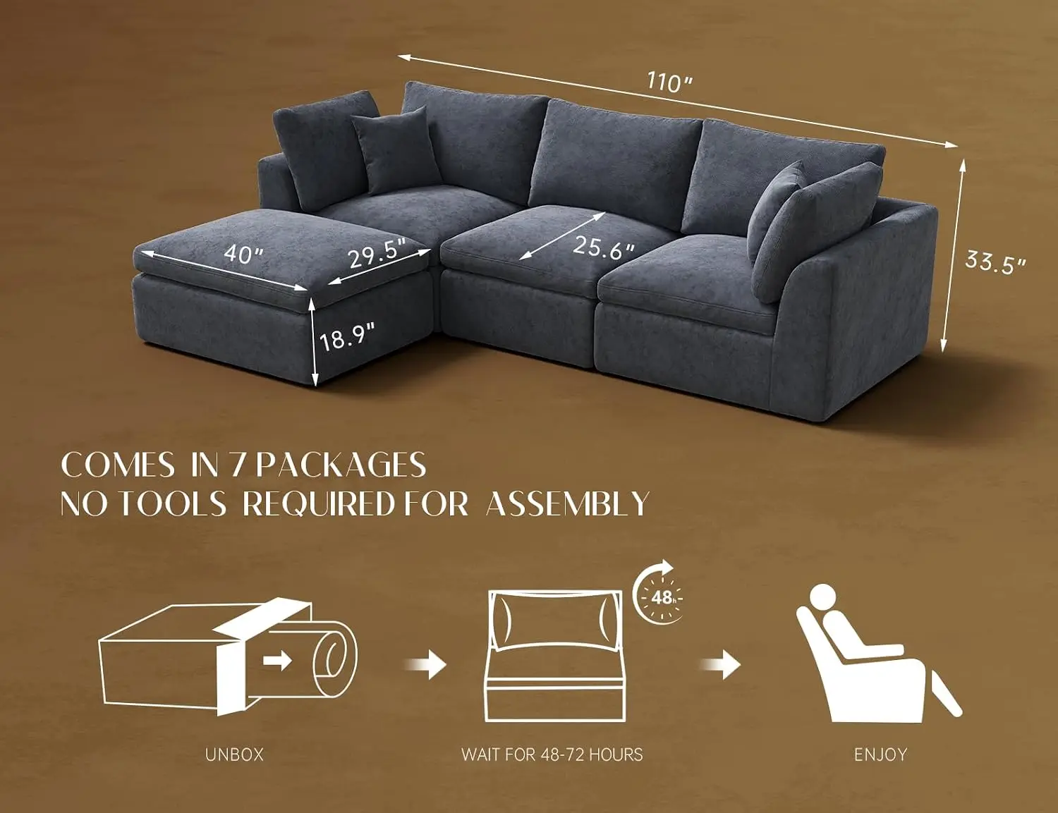 110 Inch Modular Sectional Sofa L Shaped with Ottoman 3 Seater Grey Living Room, Customized