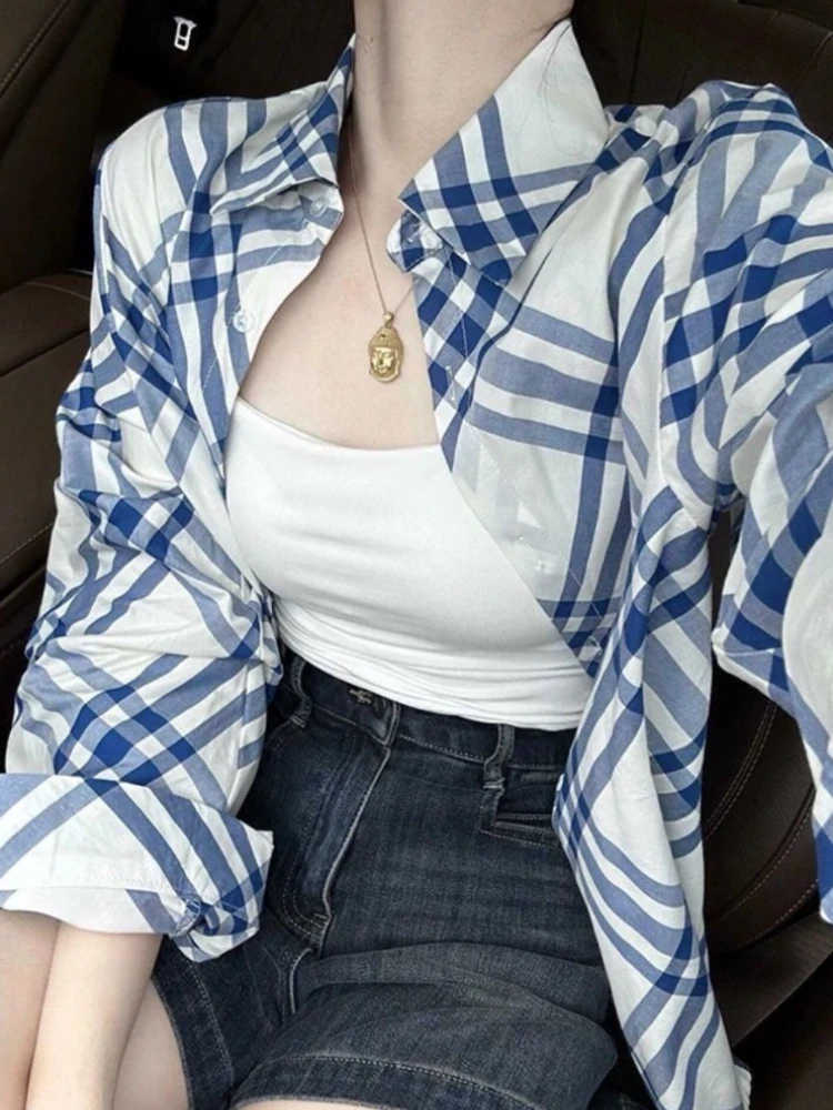 

Модная рубашка в клетку с контрастными вставками, с длинным рукавом, свободного кроя, с отложным воротником, для женщин, весна-осень, повседневный топ 2026