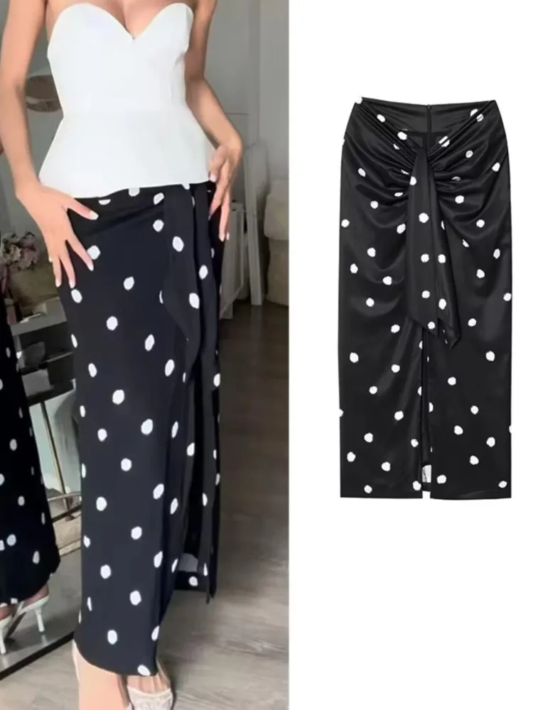 

Polka Dot Midi Skirt Woman Elegant Casual Black High Waist Slit Skirts Fashion Bow-Tie Waist Slim Long Skirts 2025 New Summer