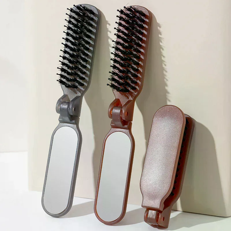 

Mane Bristle Hair Brush Foldable Portable Comb With Mirror Pocket Collapsible Travel Massage Hair Styling Tool Salon Gift
