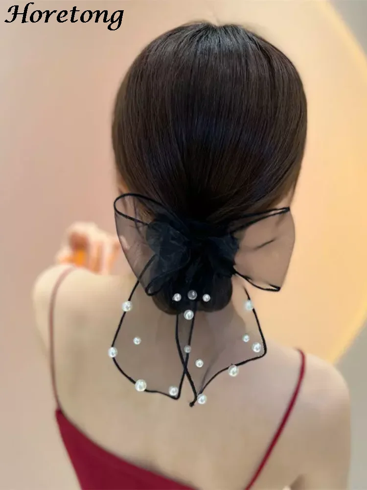 Horetong Mesh Big Bow Elastic Hair Band Ponytail Sweet Pearl Hairdressing Princess Rubber Band Elegant Korean Hair Accessories