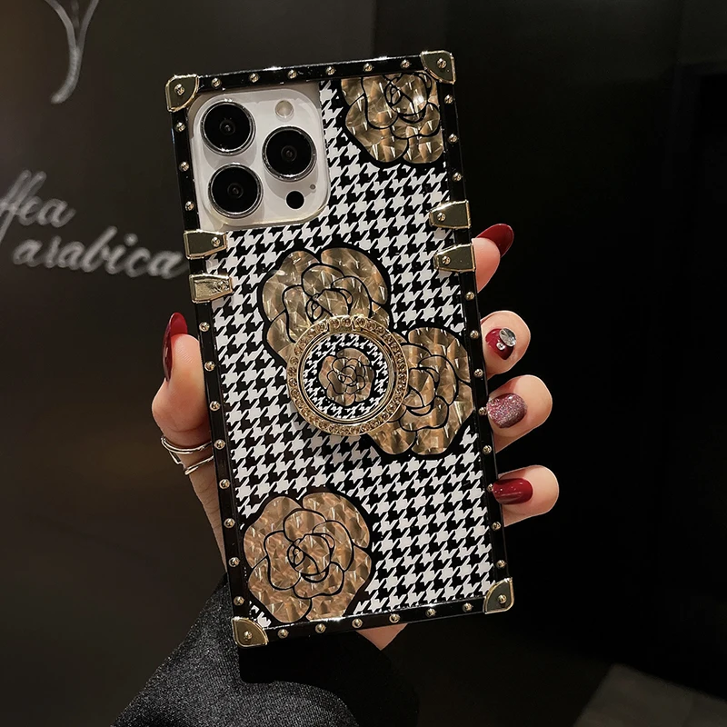 

Luxury Glitter Plaid Square Cover For iphone 14 PRO MAX 11 12 XS XR 8 7 Plus Houndstooth Rose Flower Case For iphone 13 PRO MAX