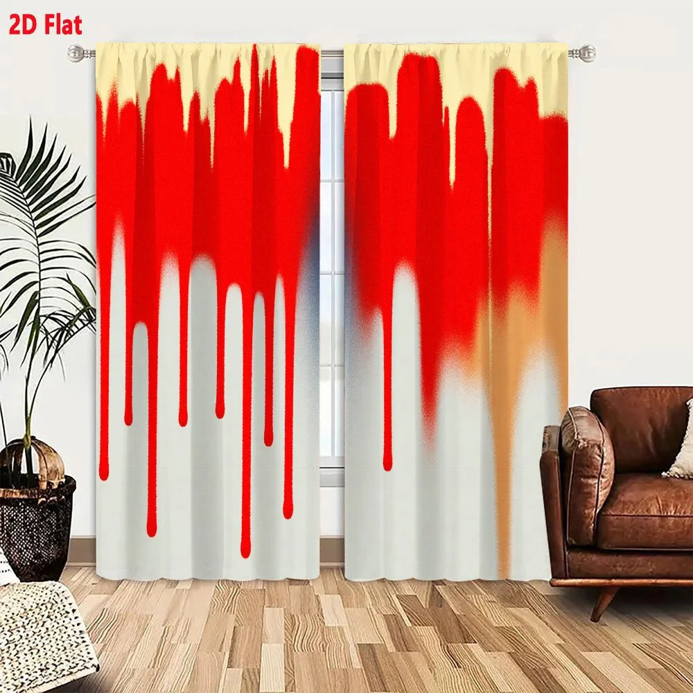 2Pcs Curtains 2D Flat Abstract Composition With Vertical Red Dripping Shapes On Yellow To White Gradient Background Window Drape