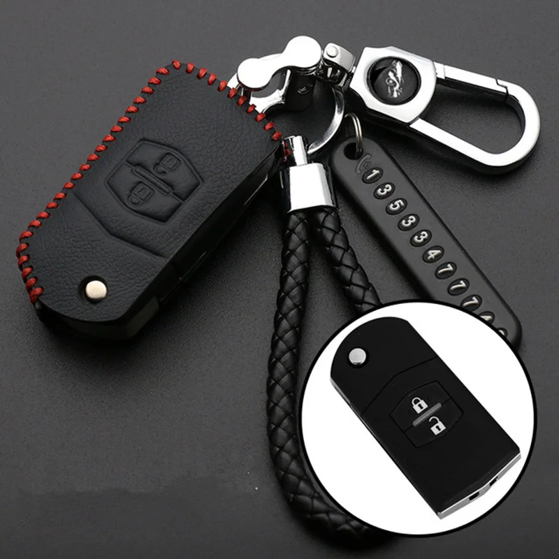 Leather Car Key Case Shell For Mazda 2 3 6 CX5 CX-7 CX-5 Folding Remote Fob Cover Keychain Holder Protector Bag Auto Accessories