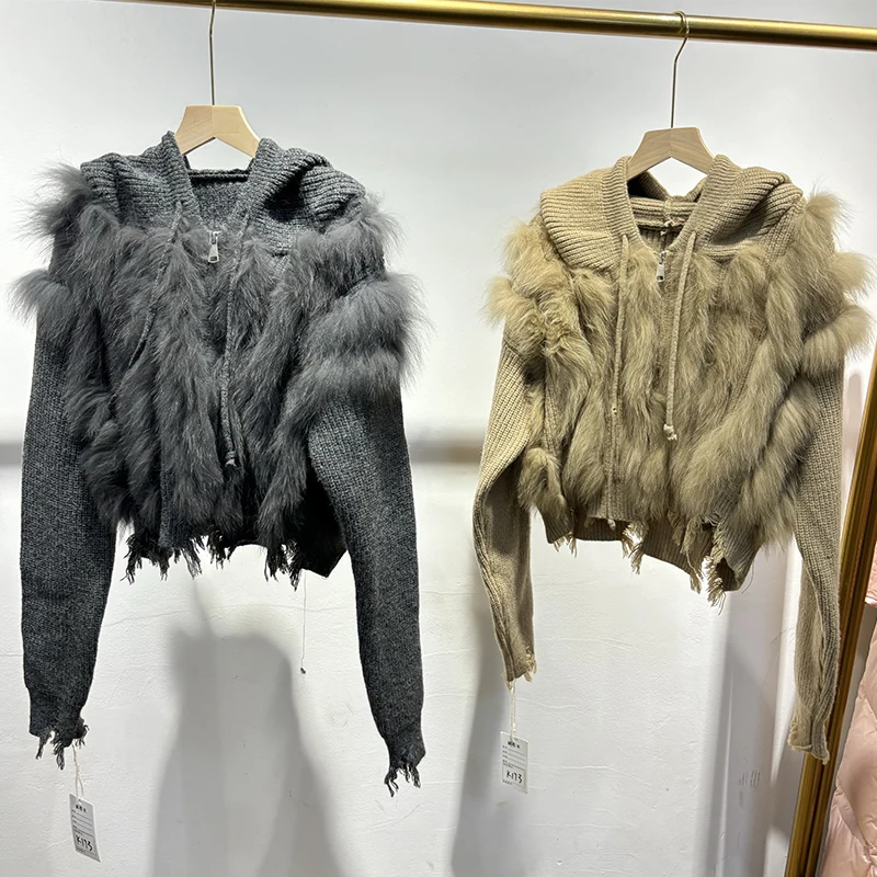 2025 جديد وصول المرأة الشتاء كسر تصميم قصير هوديي الثعلب الفراء سترة سميكة فضفاضة الفتاة مقنعين سترة معطف