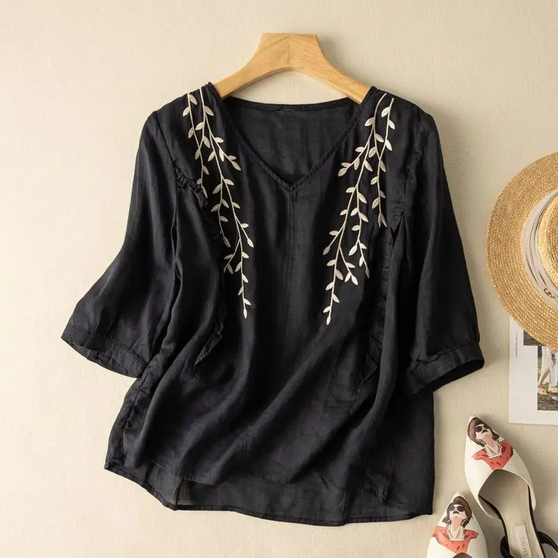 Women Summer Vintage Ethnic Style Embroidery Blouses Ruffle V Neck 3/4 Sleeve Cotton Linen Shirts Female Casual Solid Loose Tops