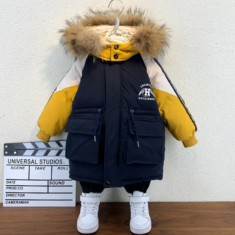 Winter Boys Warmth Fleece Lined Drawstring Detachable Fur Hood Snow Jackets Child Therme Parka Kids Outfit Top Coats 1-11 Years