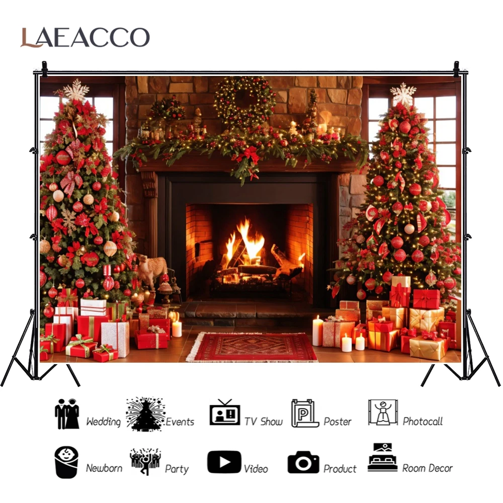 Christmas Brick Wall Fireplace Photography Background Xmas Tree Gifts Wreath Room Decor Banner Kids Portrait Photocall Backdrops