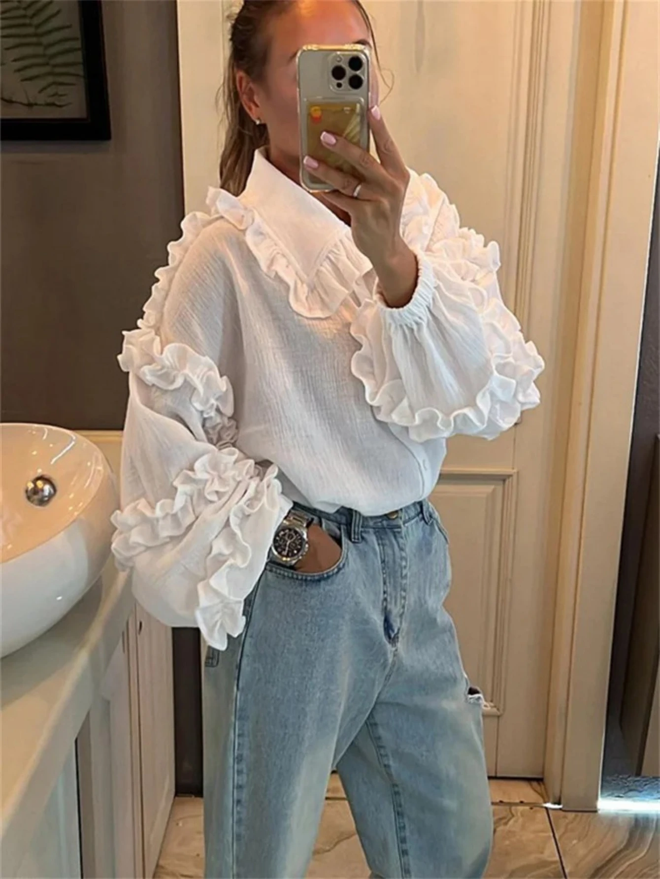 

Tossy White Ruffled Casual Shirts For Women Fashion Patchwork Cardigan Lapel Long Sleeve Outwear Slim Ladies Shirts