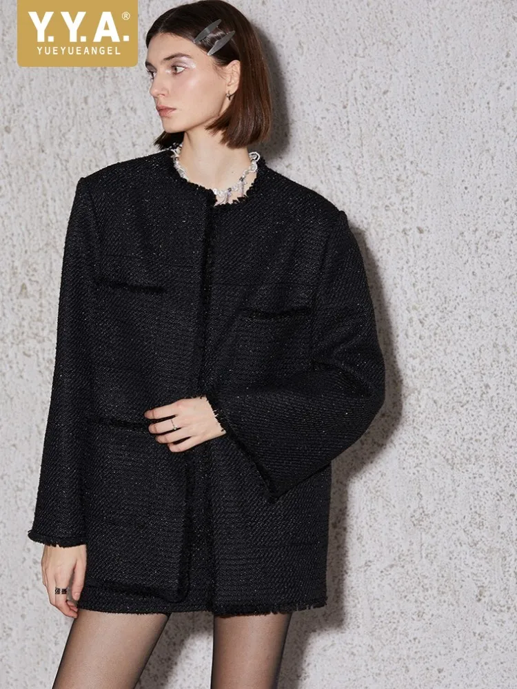 New Fashion Sequins Beading O-Neck Women Jacket Top Quality Tweed Jackets Elegant Office Ladies Outerwear Loose Fit Tassel Coat
