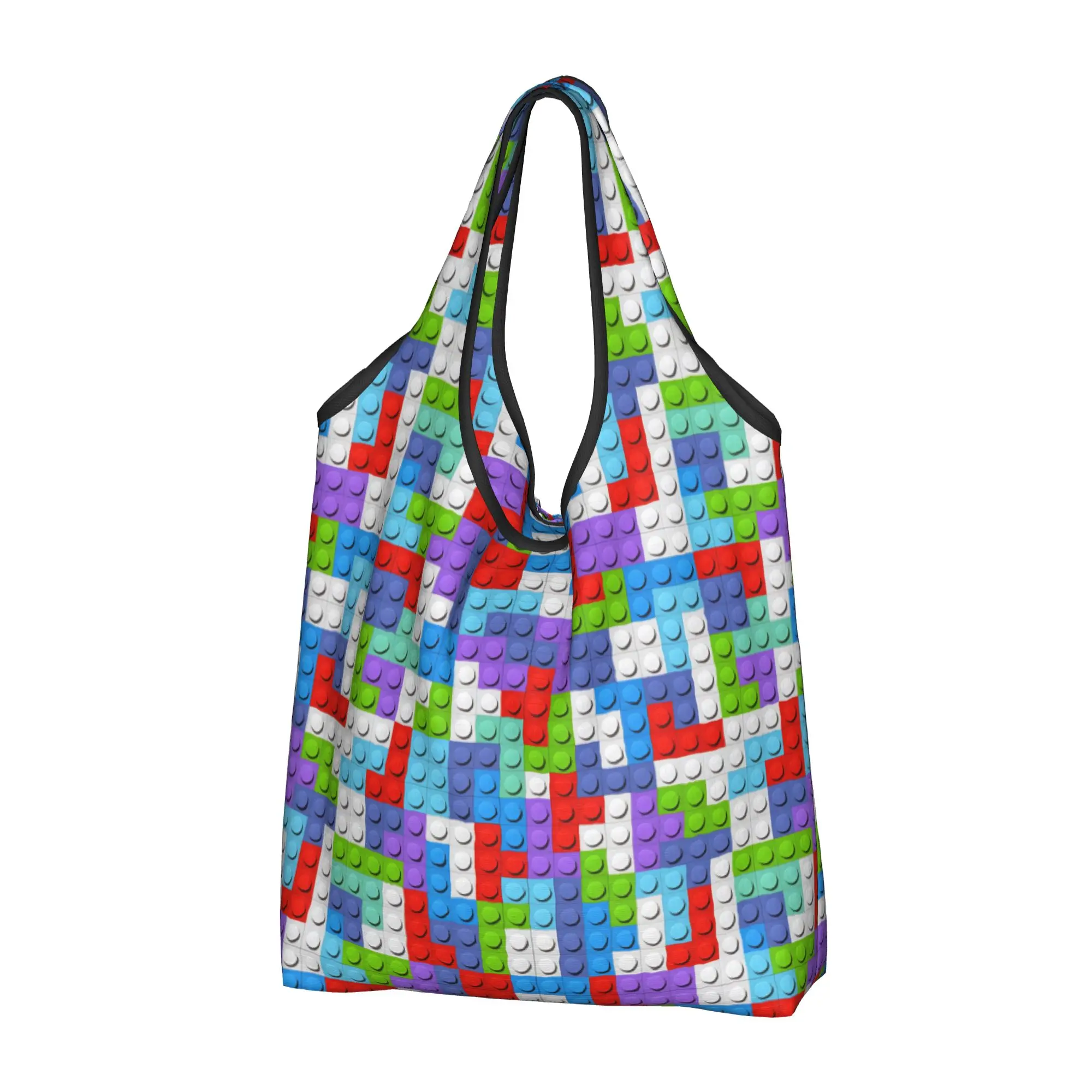 Recycling Blocks Colorful Building Seamless Pattern Shopping Bag Women Tote Bag Portable  Groceries Shopper Bags