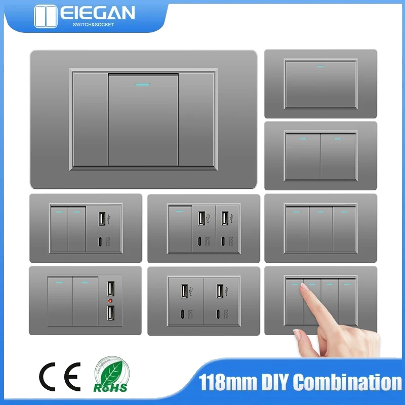

A18 118mm EU BR US Standard 1/2/3/4/5 Gang 2/3 Way Wall Light Switch 20A Grey PC Panel Push Button Power Rocker Switch