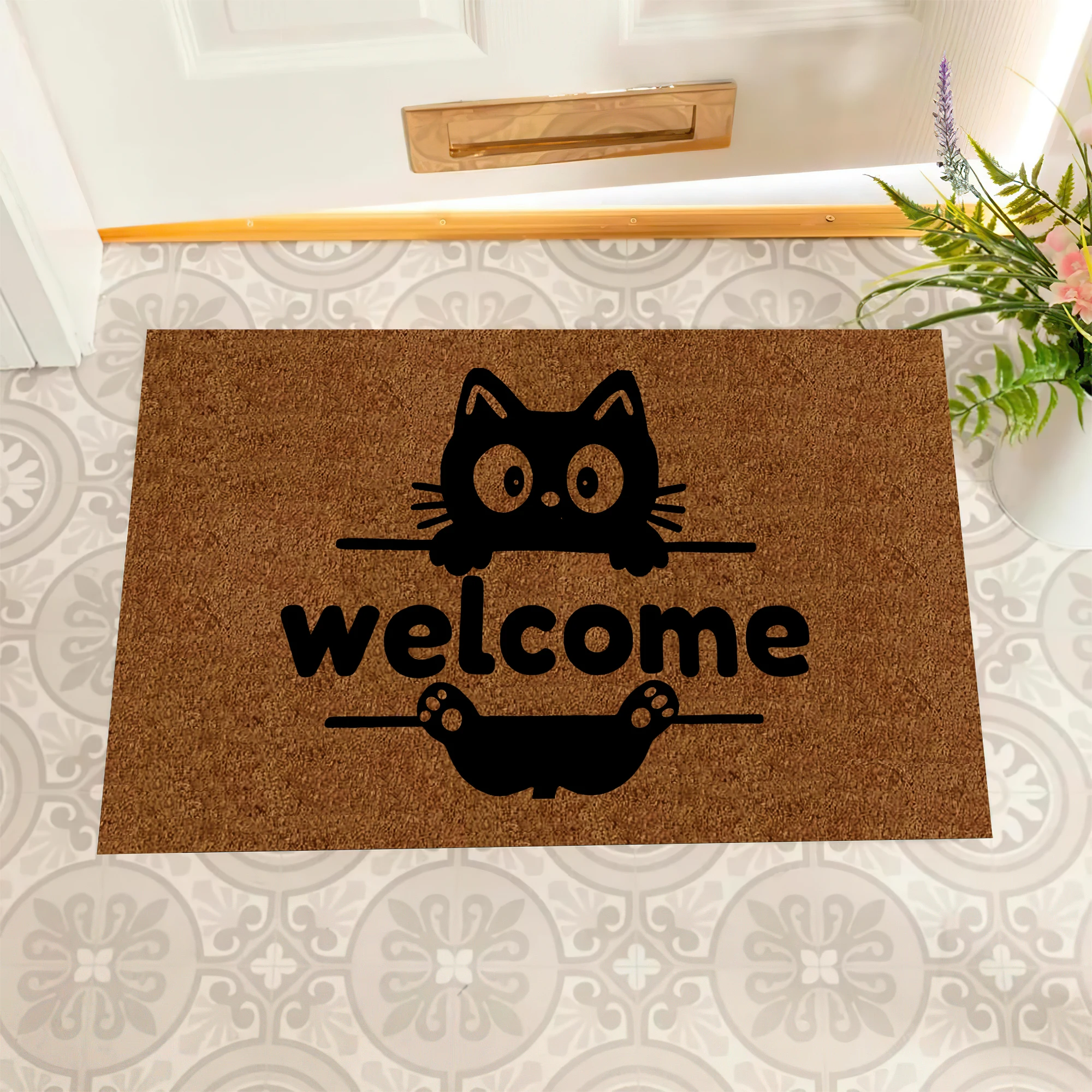Black Cat Welcome Chat Doormat Outdoor Anti-Slip Rubber for Entryway Indoor Front Porch Decor Rug Funny Spanish Door Mat