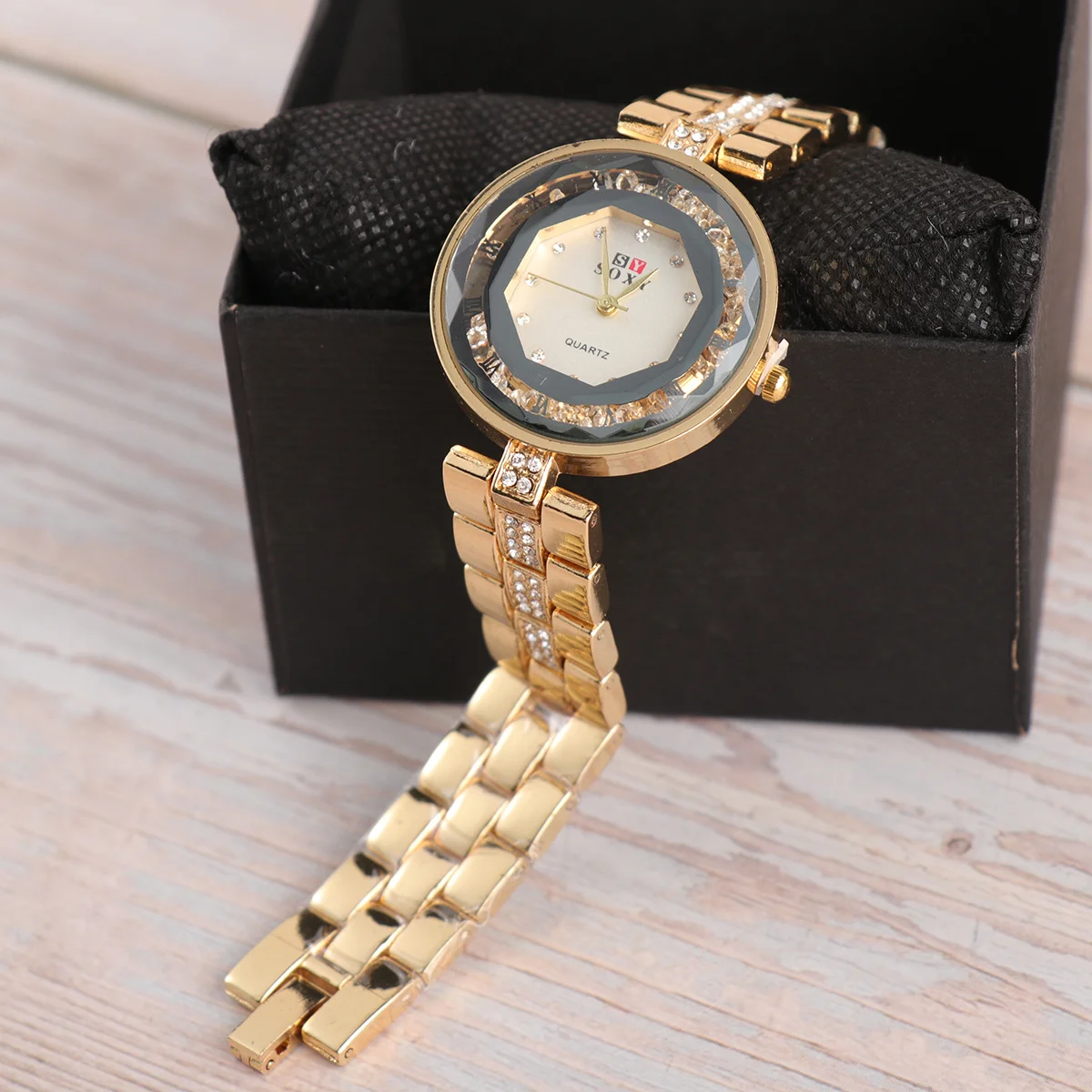

Gold Color Quartz Crystal Watch Women Scratch Resistant Durable Lightweight Suitable Daily Life Outdoor Black Box
