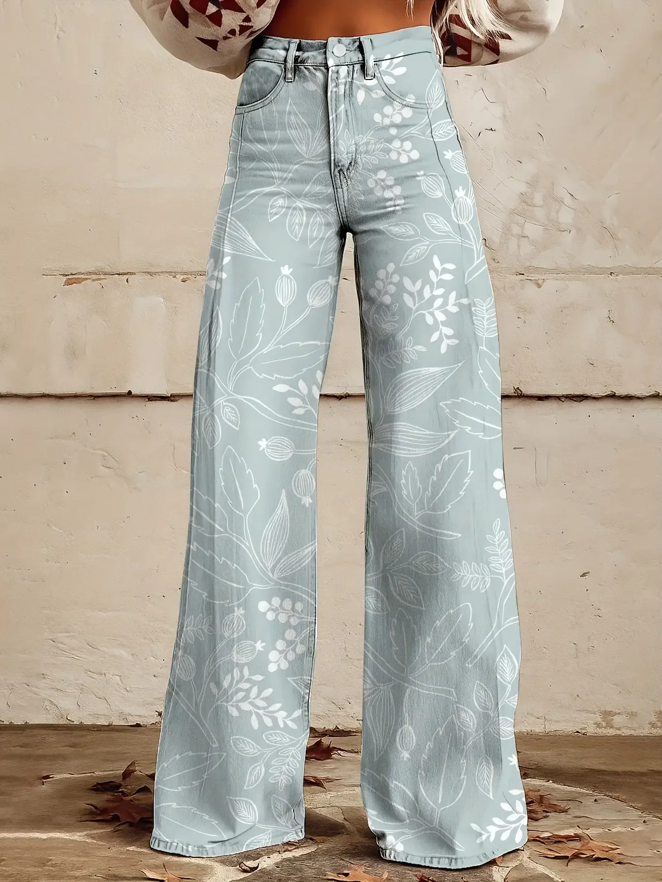  Women's new casual jeans with a variety of colorful western prints, Ladies' casual denim pants with tropical palm tree print