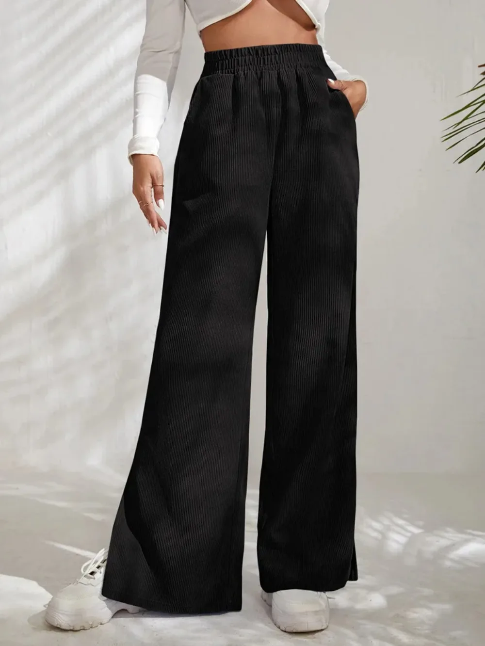 Autumn and Winter Corduroy Women Wide Leg Pants Solid Women Korean Style High Waist Slit Joggers Women Loose Trousers Streetwear