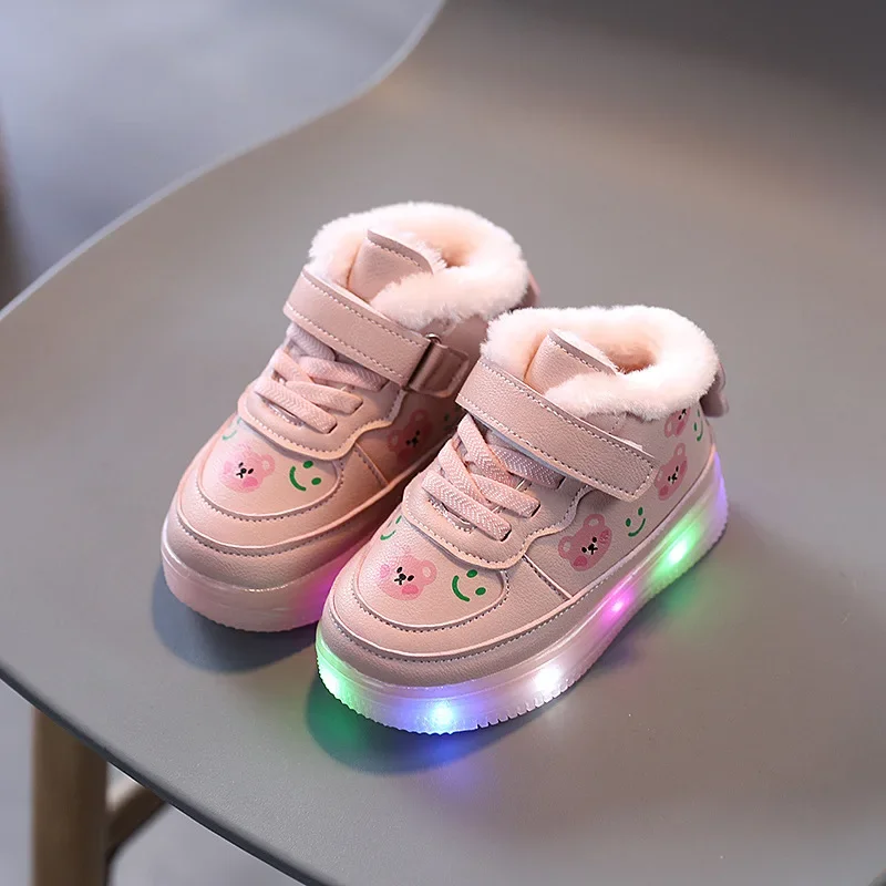 Kinderen Katoenen Schoenen Voor Meisjes Led Verlichte Pluche Board Schoenen Winter Antislip Hoge Top Sportschoenen Lichtgevende Kids Casual Sneaker