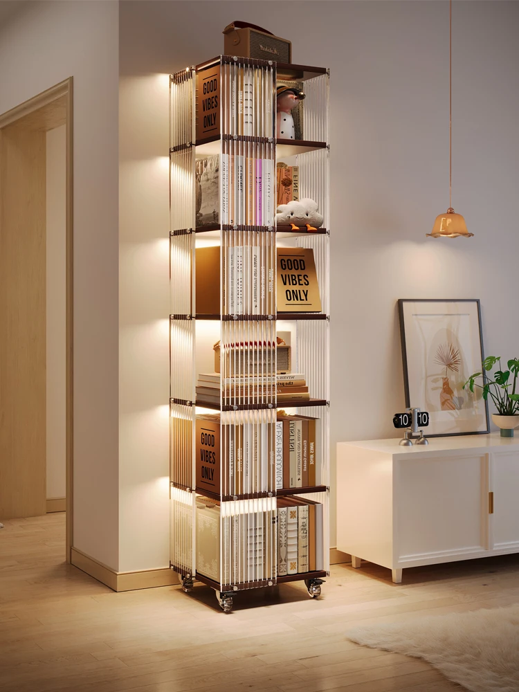 

Acrylic rotating bookshelf, 360 degree living room, TV side storage rack, movable multi-layer solid wood