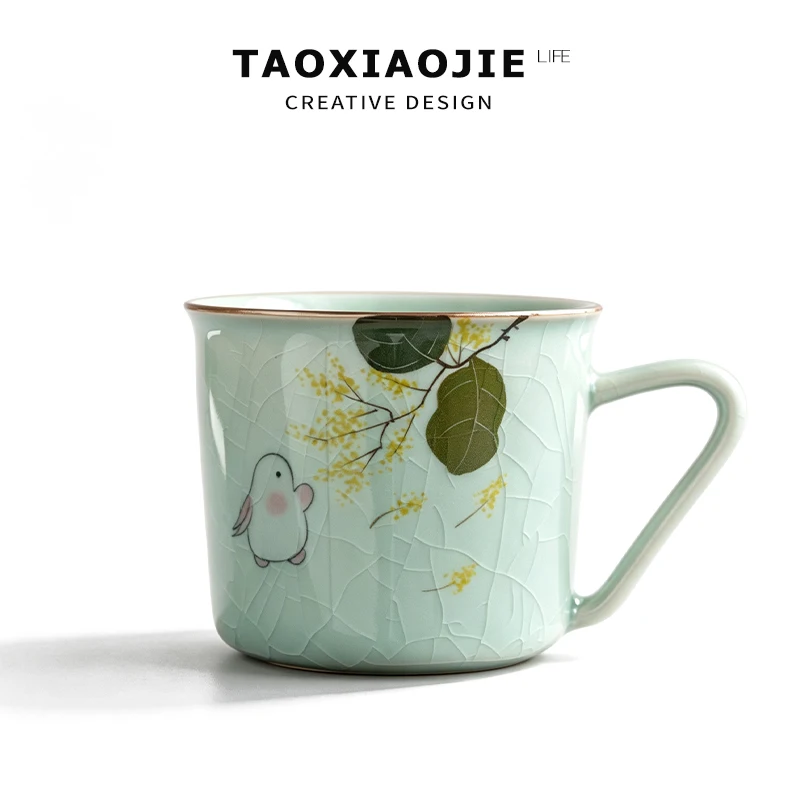 Hand-Painted Ceramic Rabbit Cup with Handle Tea Brewing Coffee Drinking Water Home Use Gift Crack Pattern Mark Cup
