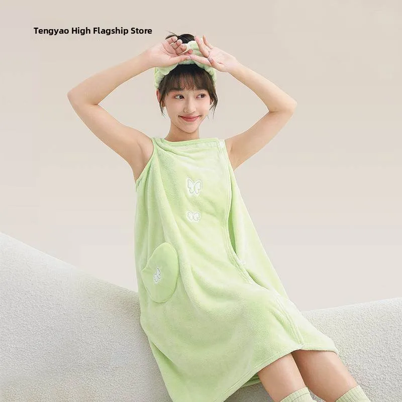 

Thickened Cartoon Pajama Gown Quick Dry Absorbent Bathrobe Women's Bath Skirt Home Use Towel Wrap Bath Dress Cute Female Bath...