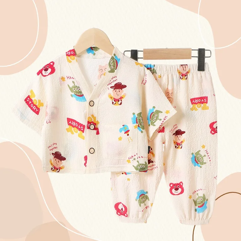 Neue Kinder Sommer dünne Pyjamas setzt Jungen Mädchen Cartoon Dreiviertel ärmel V-Ausschnitt Hemd Tops mit Hosen Baby Nachtwäsche Lounge wear