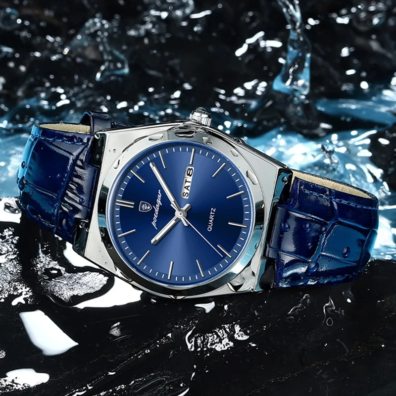 POEDAGAR 남성용 방수 쿼츠 시계, 럭셔리 브랜드 가죽 스트랩, 더블 캘린더, 남성 비즈니스, 레저 패션, 신제품