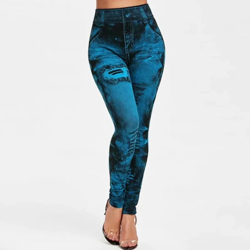 Women\'s High-Waist Imitation Jeans Stretch Leggings Slim Fit Push-Up Gym Streetwear Casual Fashion Ladies\' High Waist Leggings