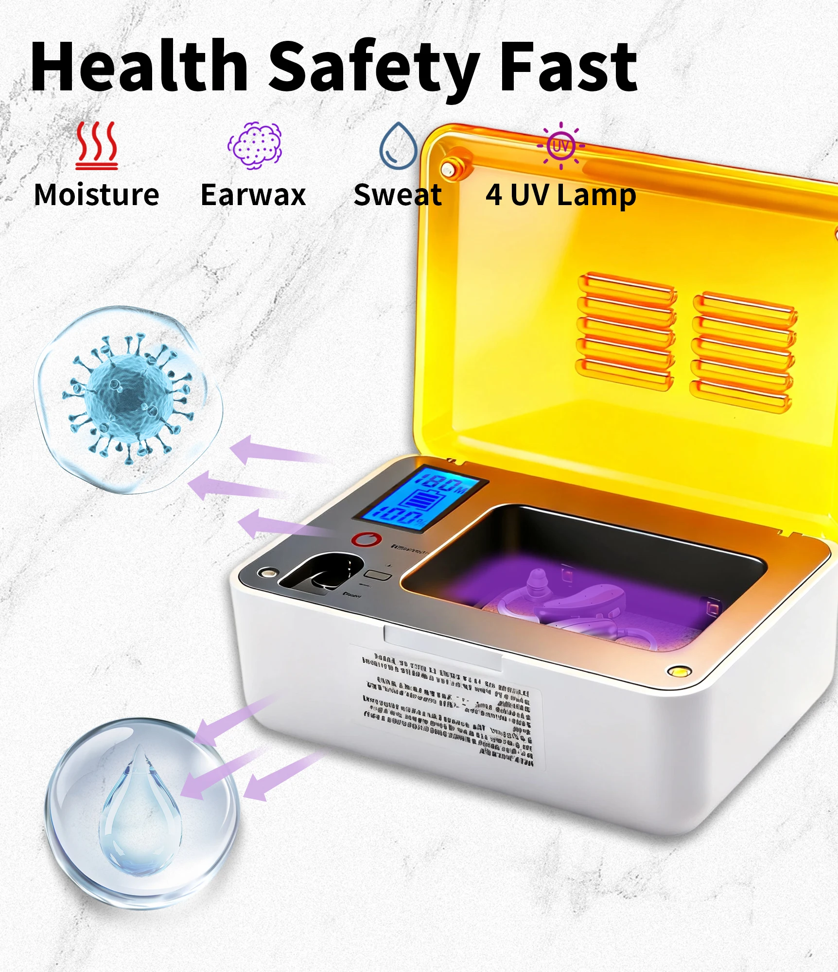 Hearing Aid Dryer Box with UV Light – Dehumidifier for Earbuds & Hearing Aids, 5 Cleaning Tools, Battery Tester, Auto Dry