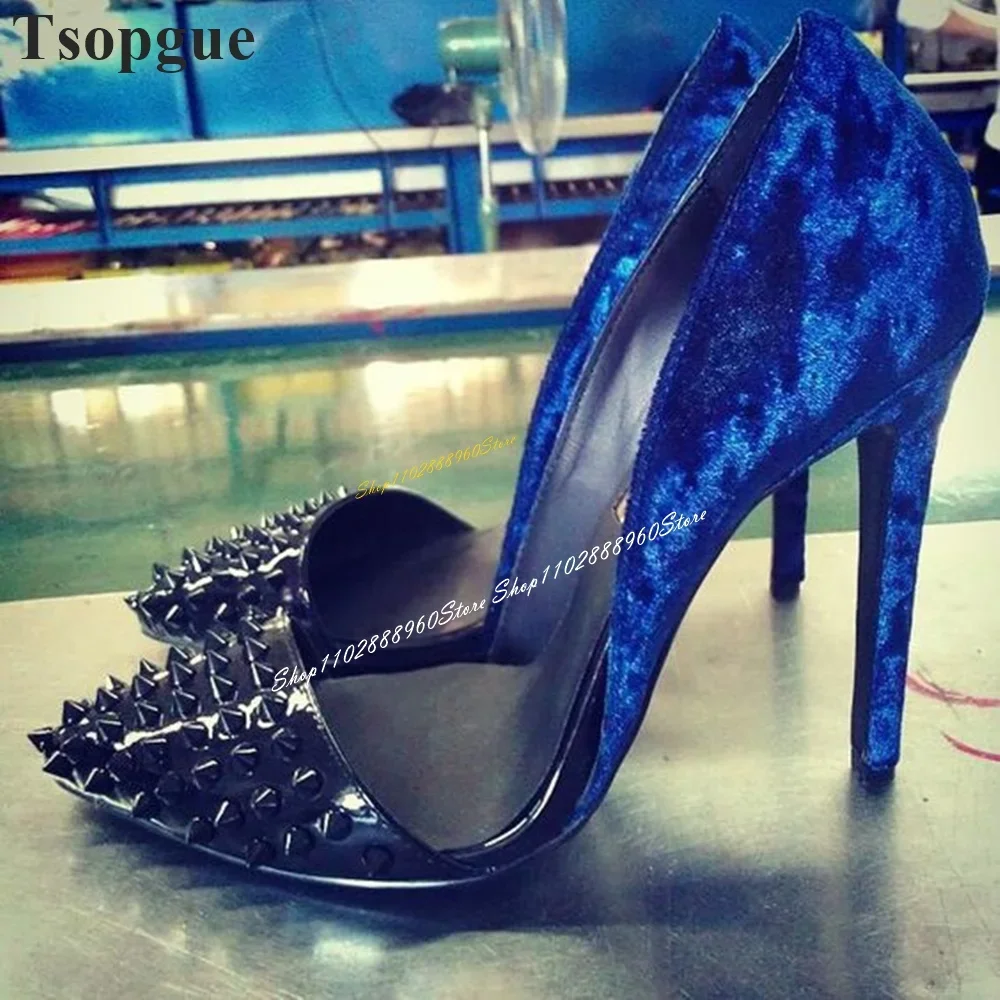 Black And Blue Splicing Shallow Rivets Pumps Stilettos High Heel Shoes For Women Slip On Pointed Toe Luxury Elegant Women Pumps