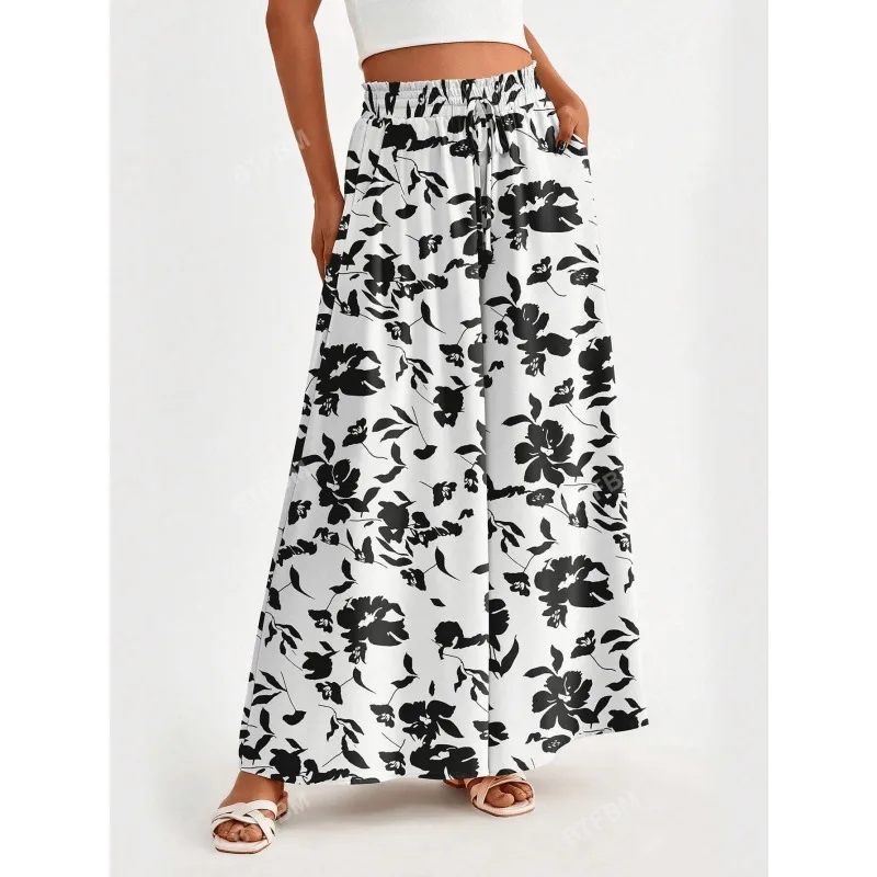 

Plus Size New Women's High Waist Wide Leg Pants Floral Print Summer Long with Pockets Elegant Casual Trousers