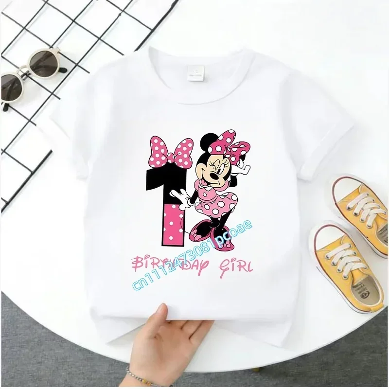 Base Tee White Pink Summer Soft Short-Sleeve Clothes Birthday Gift Minnie Mouse Disney T-shirt Kids Number T-shirts Cute Cartoon