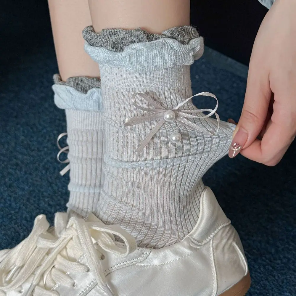 

5Pairs Cute Ruffle Bowknot Pearl Socks Thin Ins Style Mid Tube Socks Lolita Breathable Sweet Socks Women Streetwear