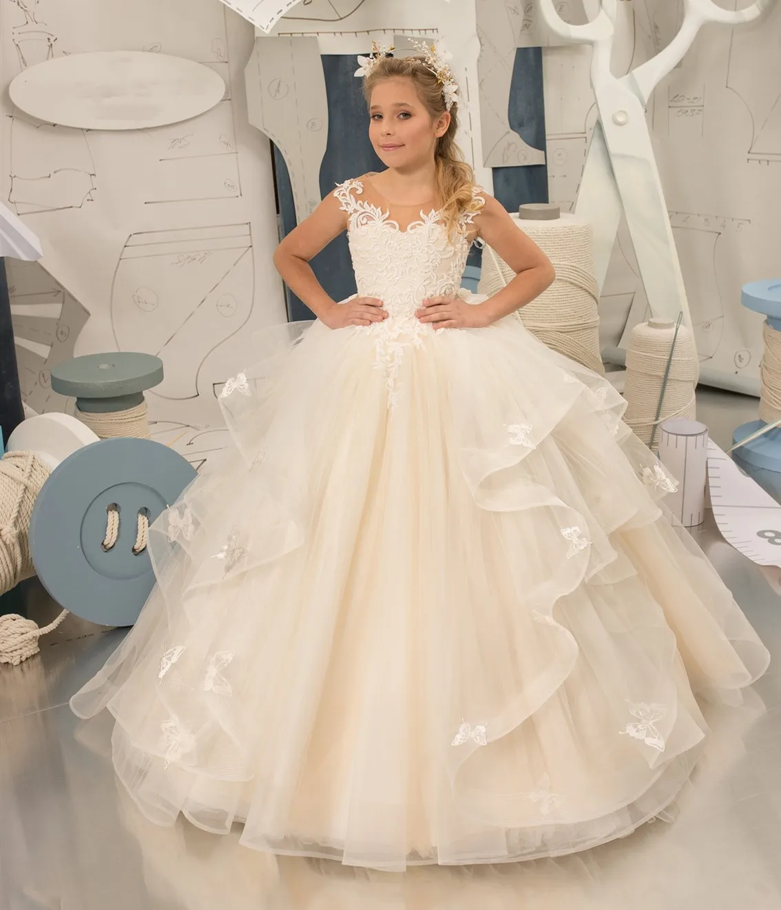 Beige Rüschen Blumen mädchen Kleid für Hochzeit Tüll ärmellose geschwollene Baby Kinder Geburtstag Ballkleid Erstkommunion Kleid