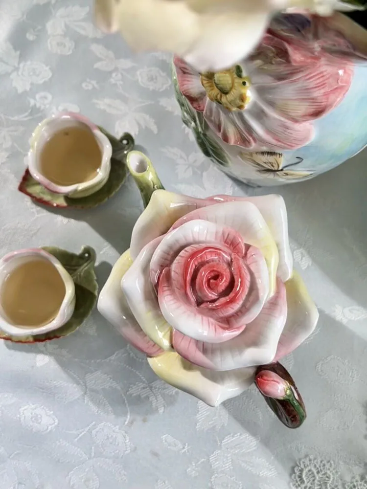 Garden Champagne Rose Ceramic Sculpture Teapot Coffee Pot, Wedding Gifts, Living Room Tea Cup, Mug Set, Coffee Set