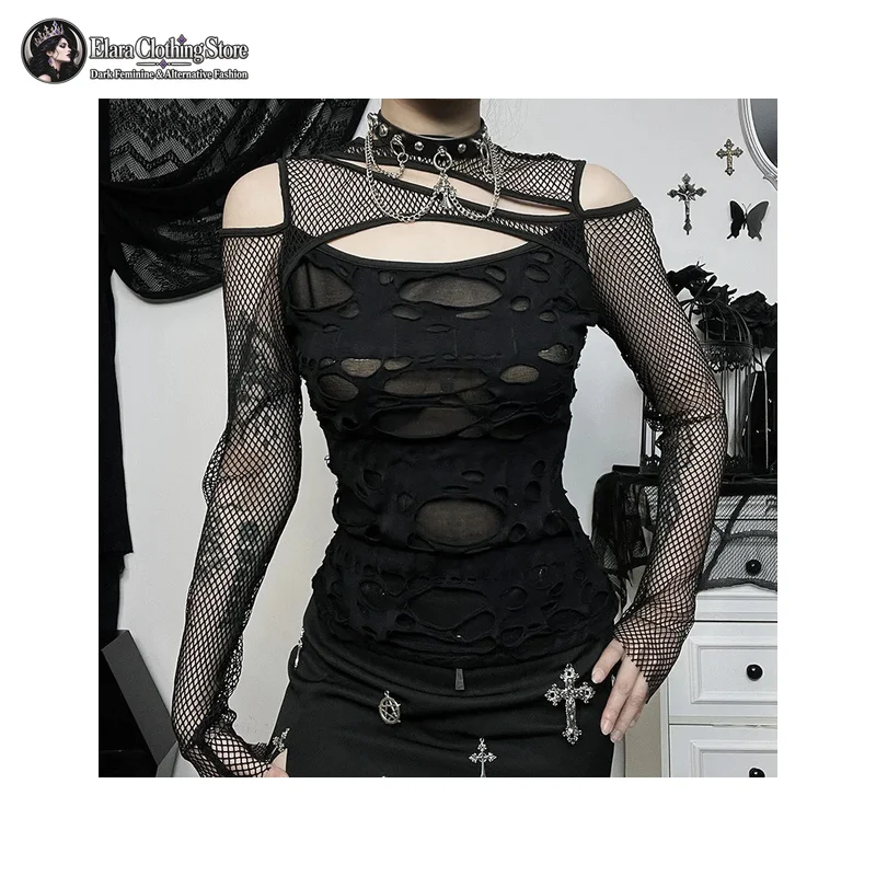 Black Fishnet Cold Shoulder Cutout Long Sleeve T Shirt Distressed Front Thumbhole Cuff Gothic Slim Fit Womens Mesh Patchwork Top