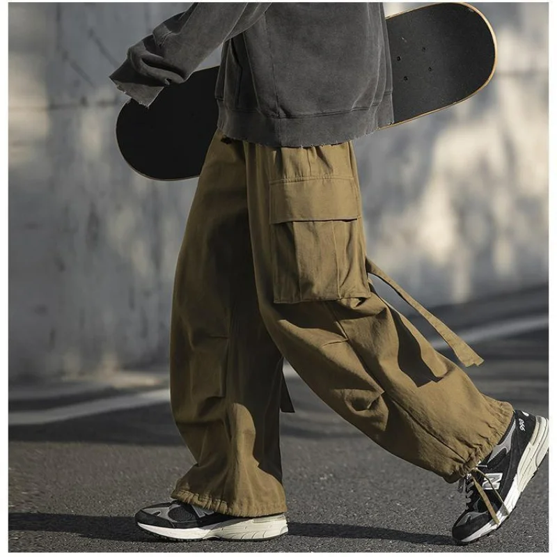 Korean Version Vintage High Street Casual Work Pants Men\'s Students Solid Elastic Waist Pockets Loose Wide Leg Straight Trousers