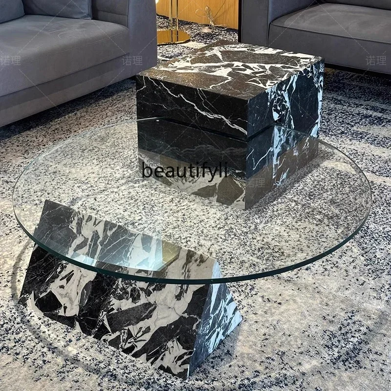 French natural marble coffee table designer living room high-end tempered glass coffee table