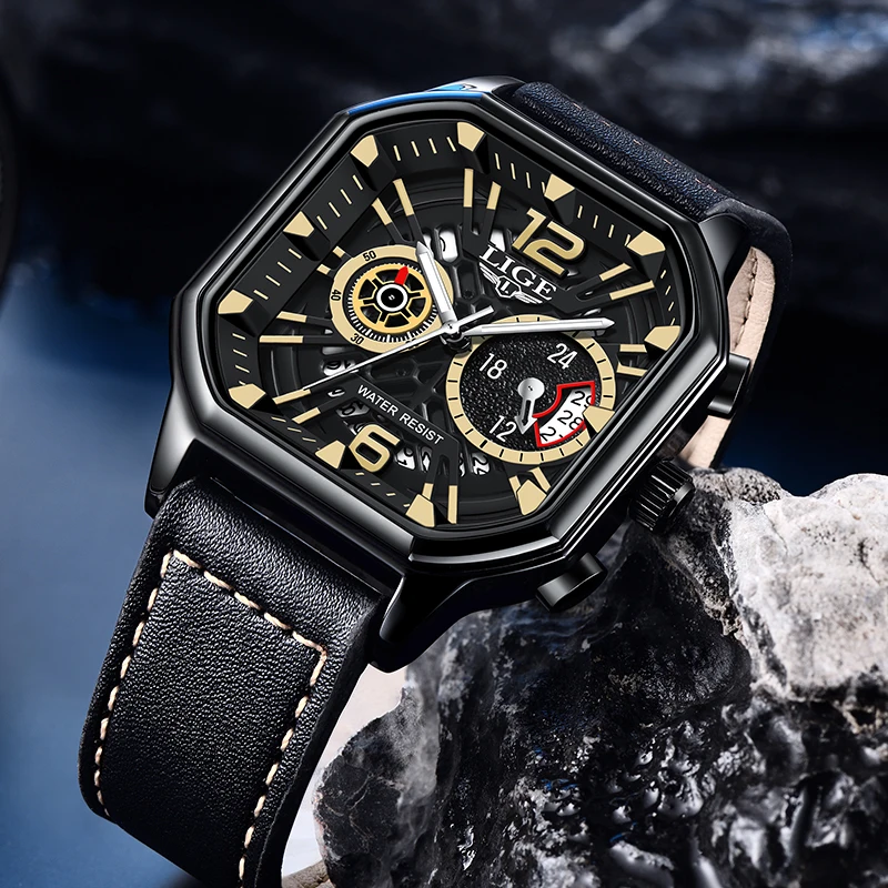 LIGE Luxury Big Dial Men Square Watch Casual PU Leather Strap Men Sports Watches Relogio Masculino Reloj Hombre