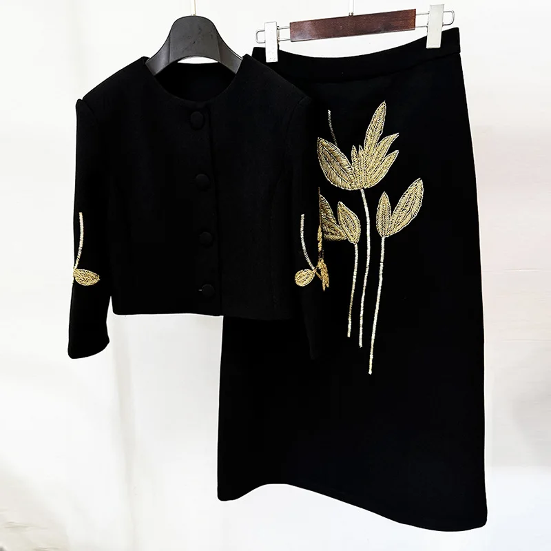 Black Women Suit Skirt Set 2 Piece Blazer+Midi Prom Dress Gold Flower Autumn Fall Formal Wedding Tuxedo Jacket Coat