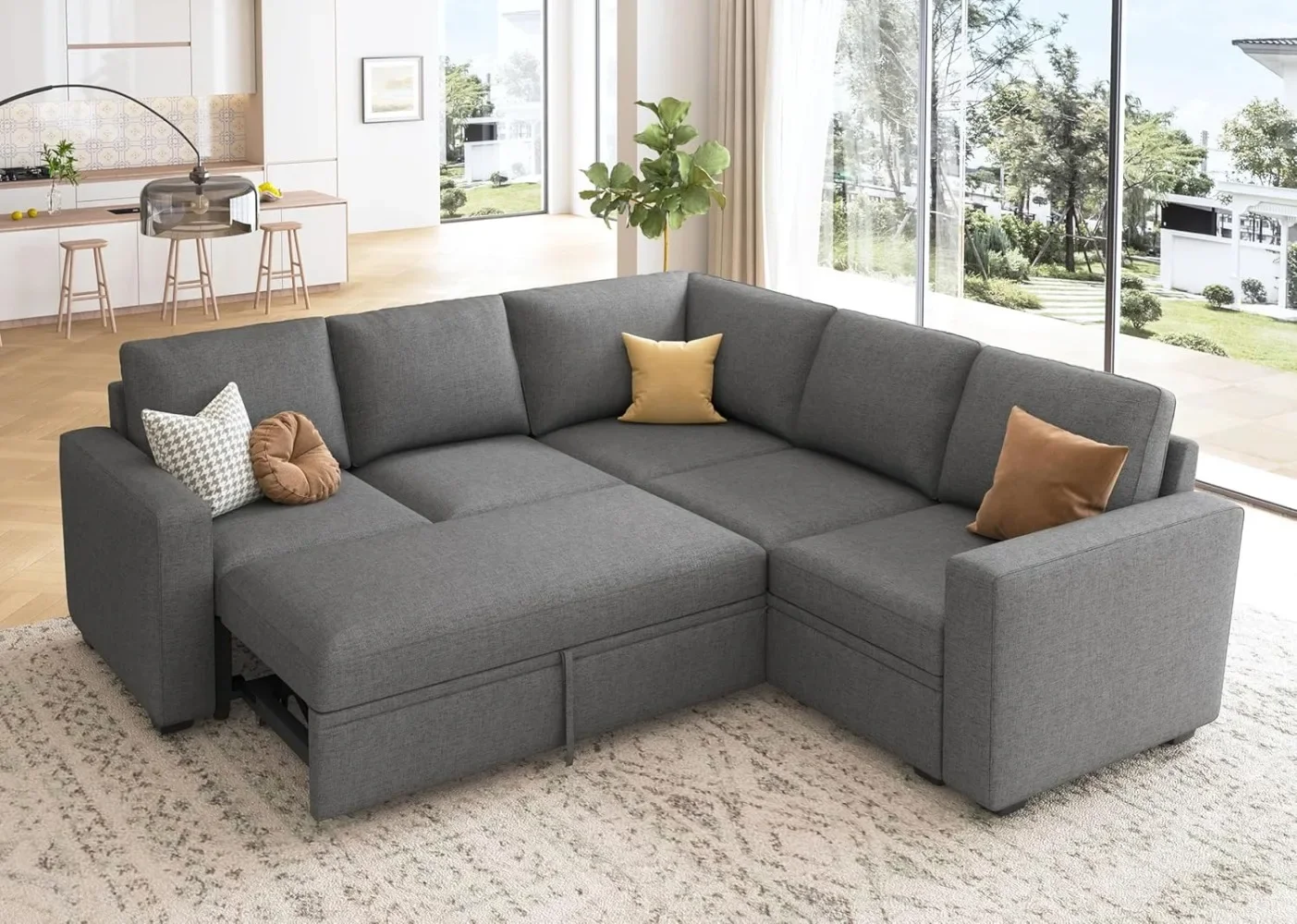 

Modular Sectional Sleeper Sofa with Pull Out Bed,Shaped Sectional Couch with Storage Seat, Convertible Sectional Couch