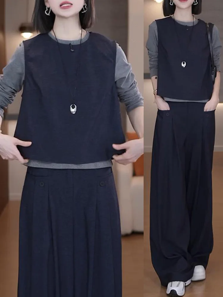 

Loose Feel Korean Style Women's Three-Piece Set Spring Autumn New Style Dark Blue Vest Color Long Sleeve T-Shirt Wide L...