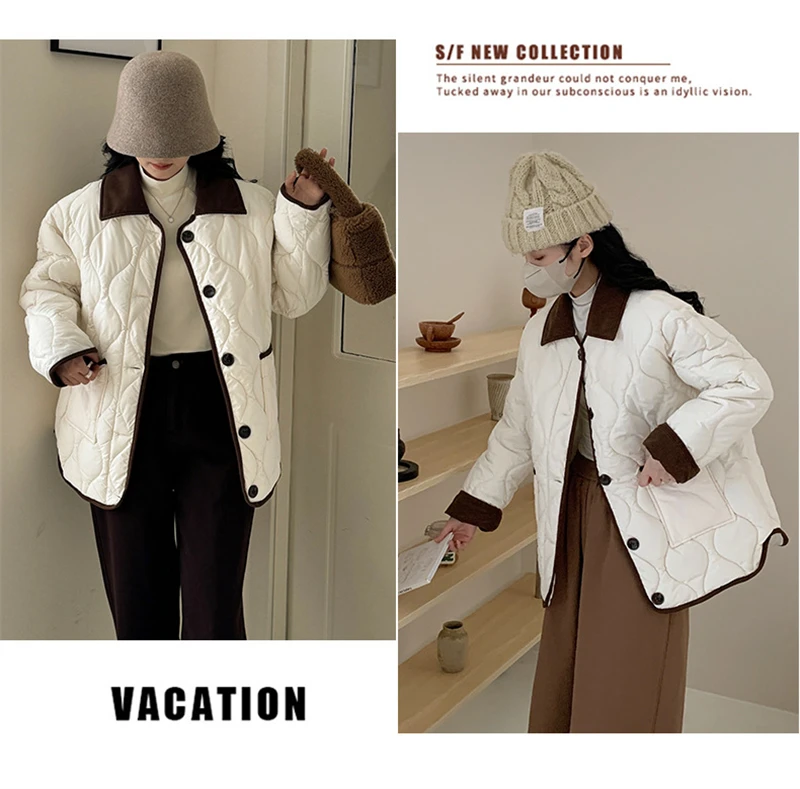 Autumn Down Cotton Padded Jacket Women's 2025 Contrast Lapel Rhombic Thin Short Loose Spring Cotton Padded Casual Coats Female