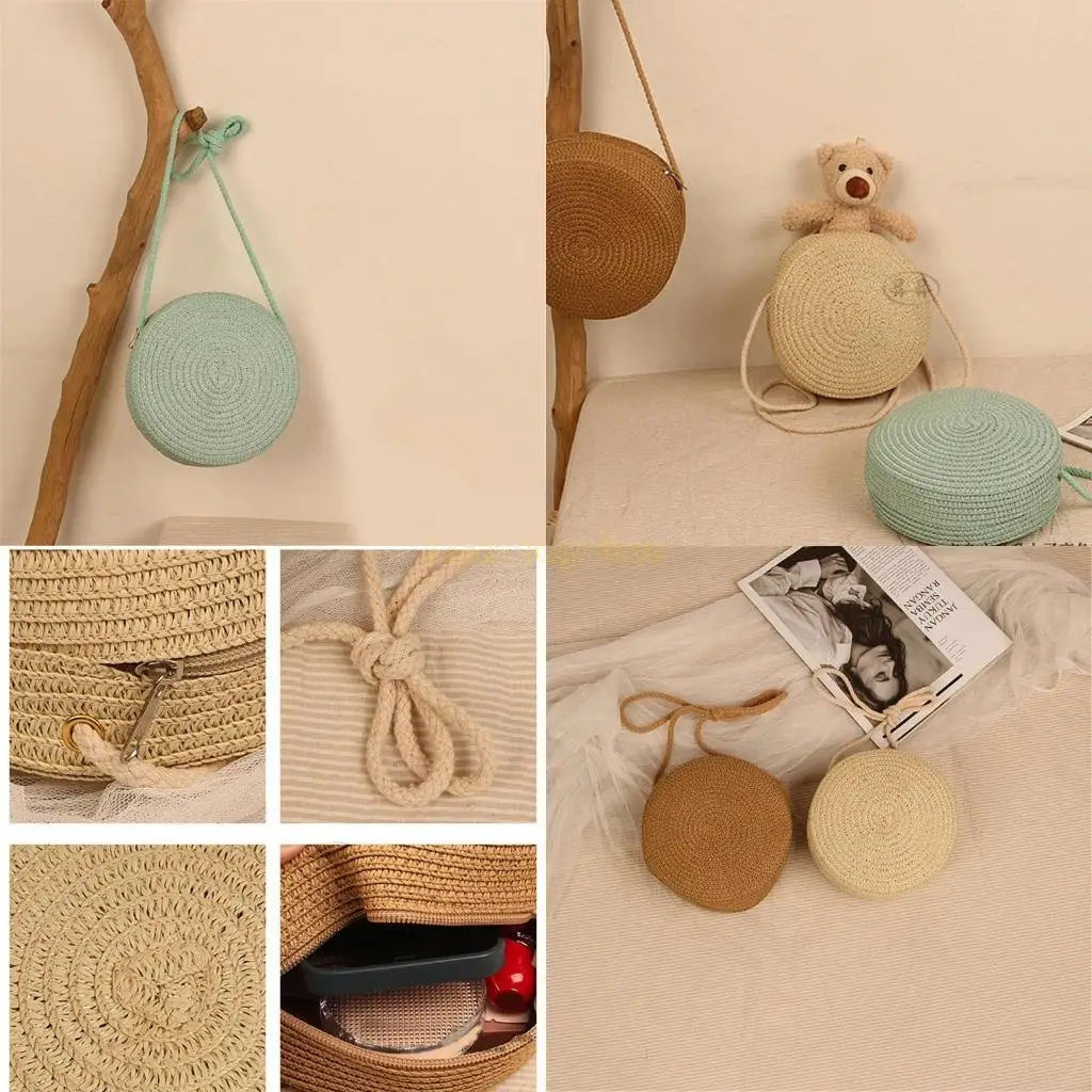 

X90d соломенная тканая сумка ручной песочной сумки с твердым цветом круглое мешки с поперечным кузовом для девушки