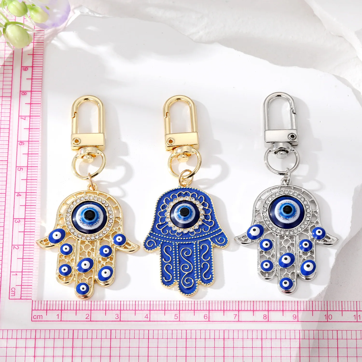 20pcs Evil Eye Hamsa Hand Keychain Key Ring for Women Men Hollow Fatima Hand Blue Eye Bag Car Key Accessories